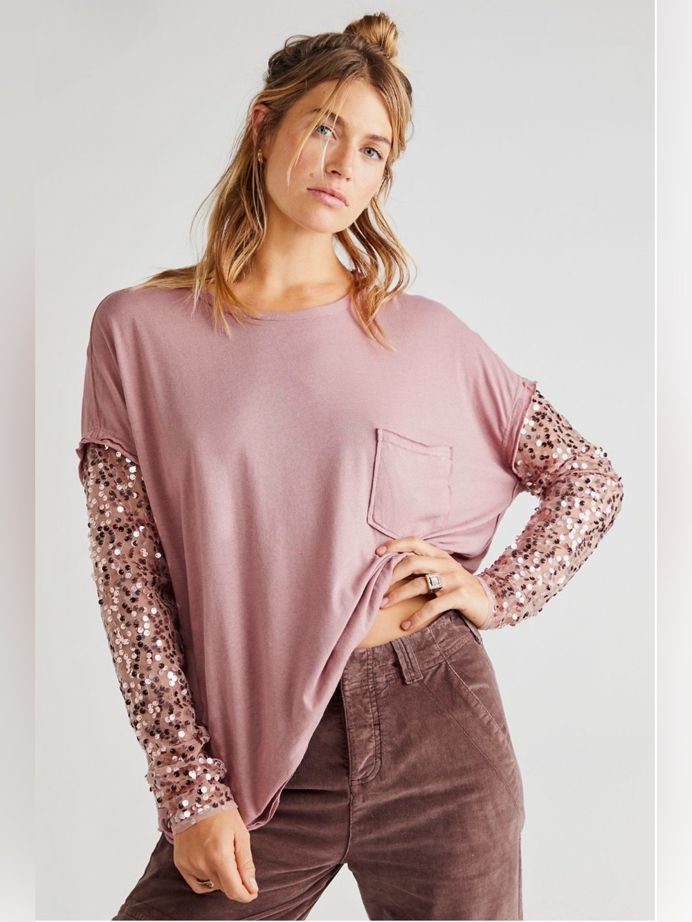 NWT - Free People “Celine” T-Shirt w. Sequinned Detail in “Lavender Shadows” - Picture 3 of 14